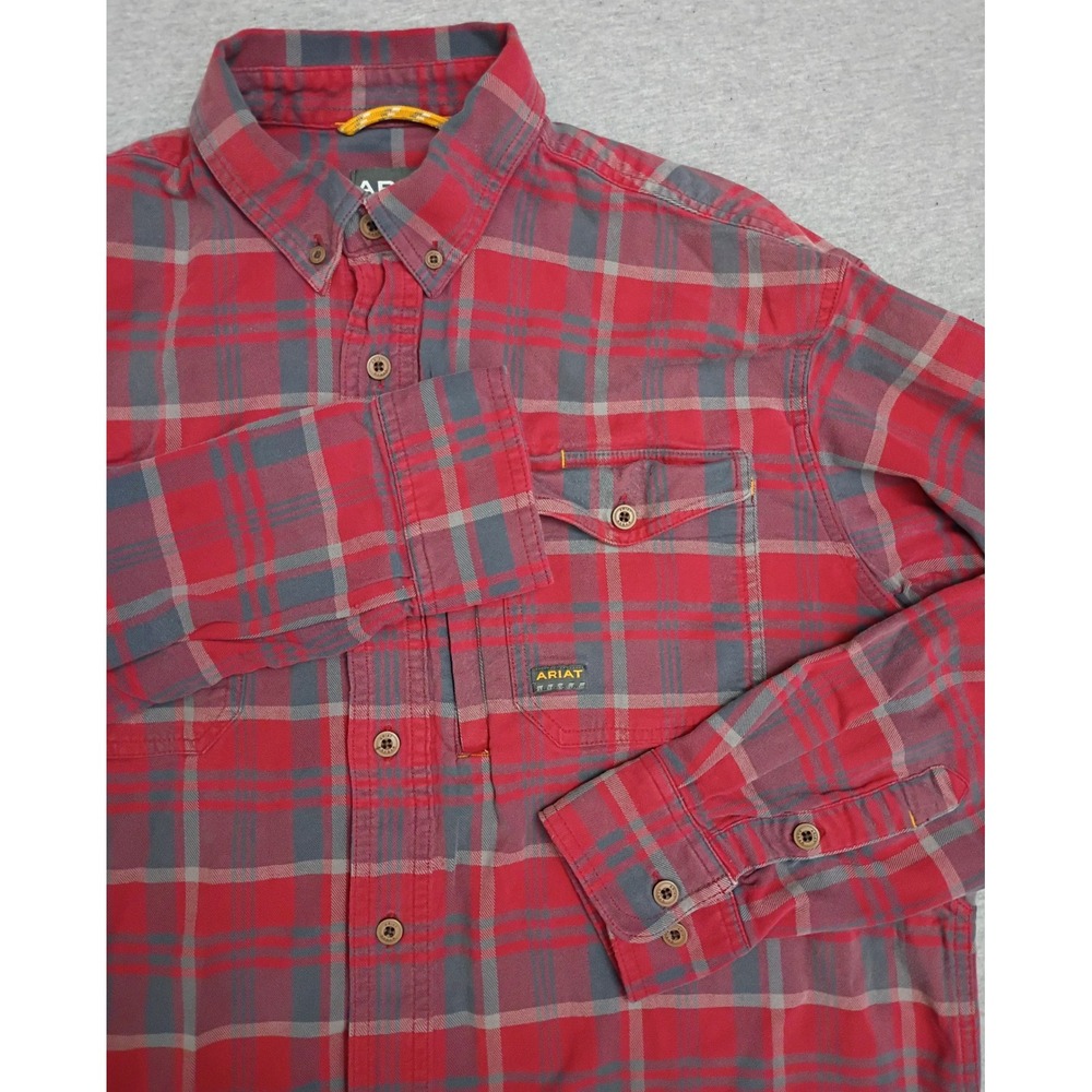 Ariat Rebar Mens Large Red Plaid Button Down Work Shirt Arm Gusset and Eye cloth